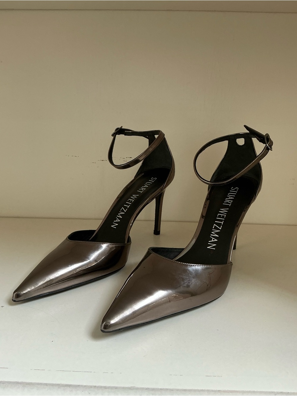 Stuart Weitzman Silver Heel, Ankle Strap, Point Toe, size 7.5, NWOT